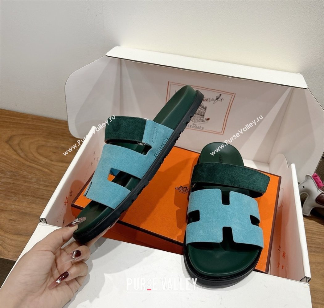 Hermes Chypre Slide Sandals in Suede Blue/Green 2025 H082008 (XC-250820075)