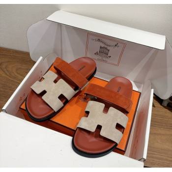 Hermes Chypre Slide Sandals in Suede Brown/Beige 2025 H082008 (XC-250820076)