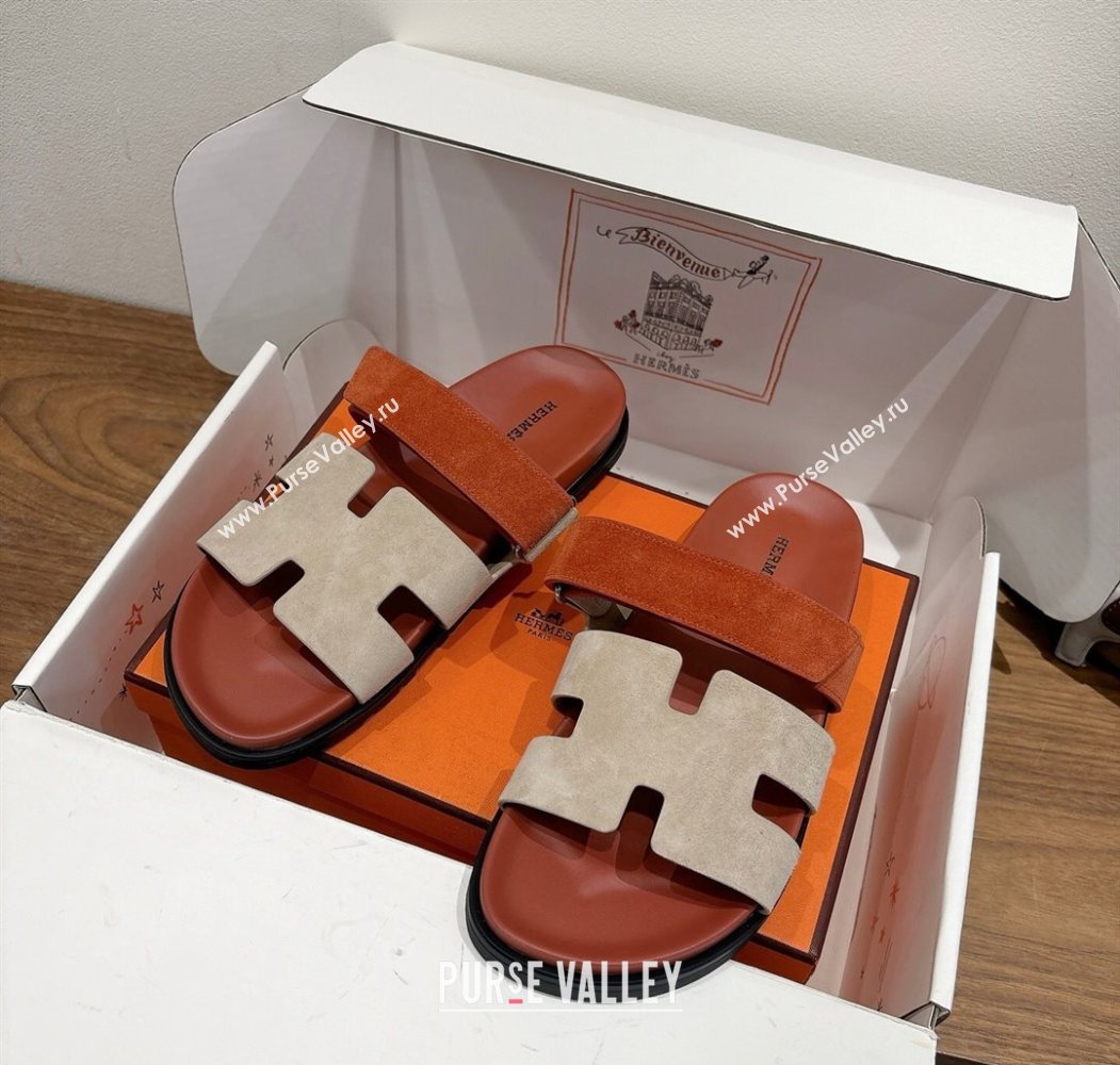 Hermes Chypre Slide Sandals in Suede Brown/Beige 2025 H082008 (XC-250820076)