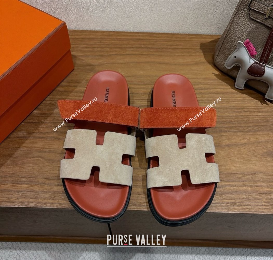 Hermes Chypre Slide Sandals in Suede Brown/Beige 2025 H082008 (XC-250820076)
