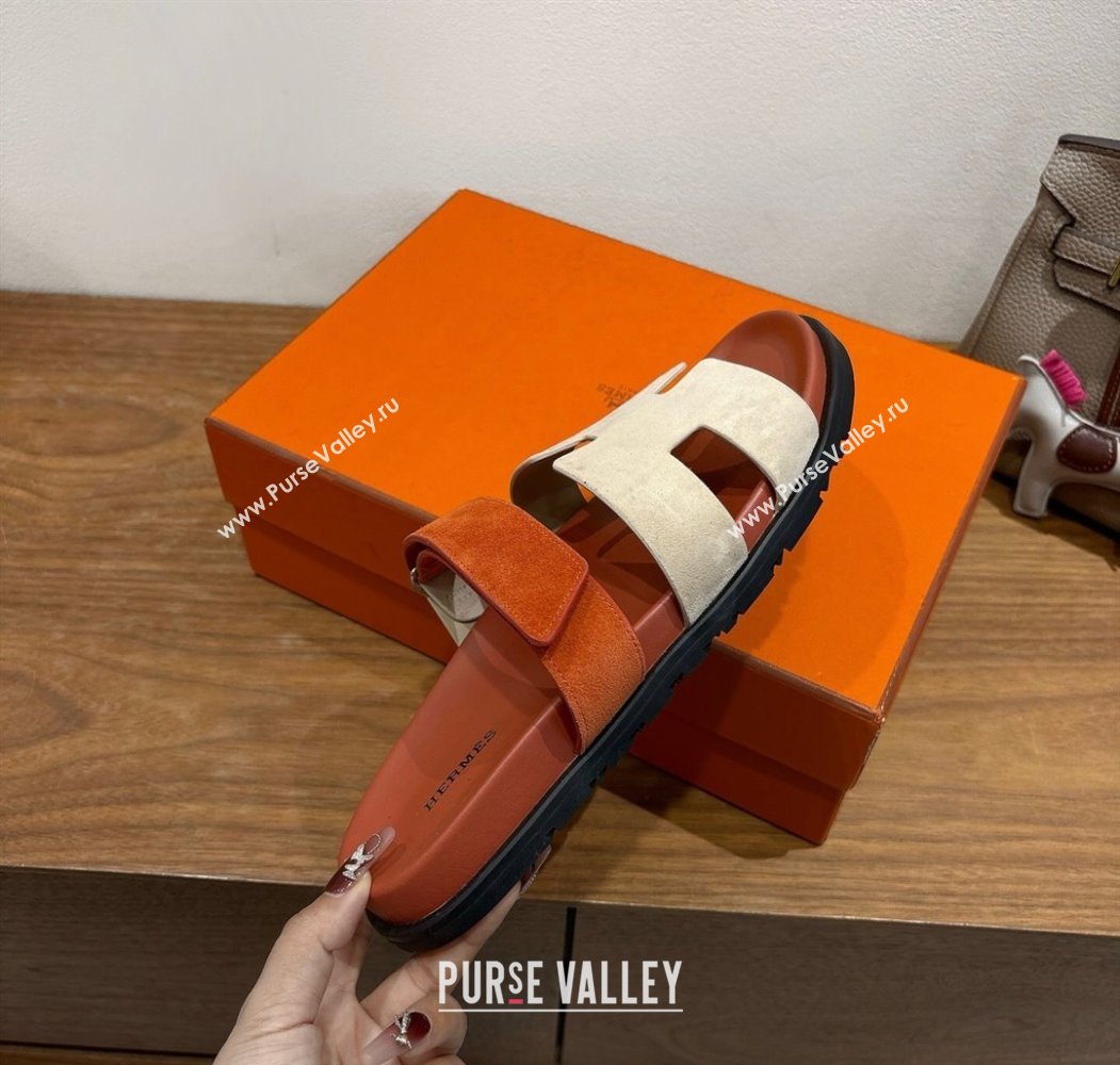 Hermes Chypre Slide Sandals in Suede Brown/Beige 2025 H082008 (XC-250820076)
