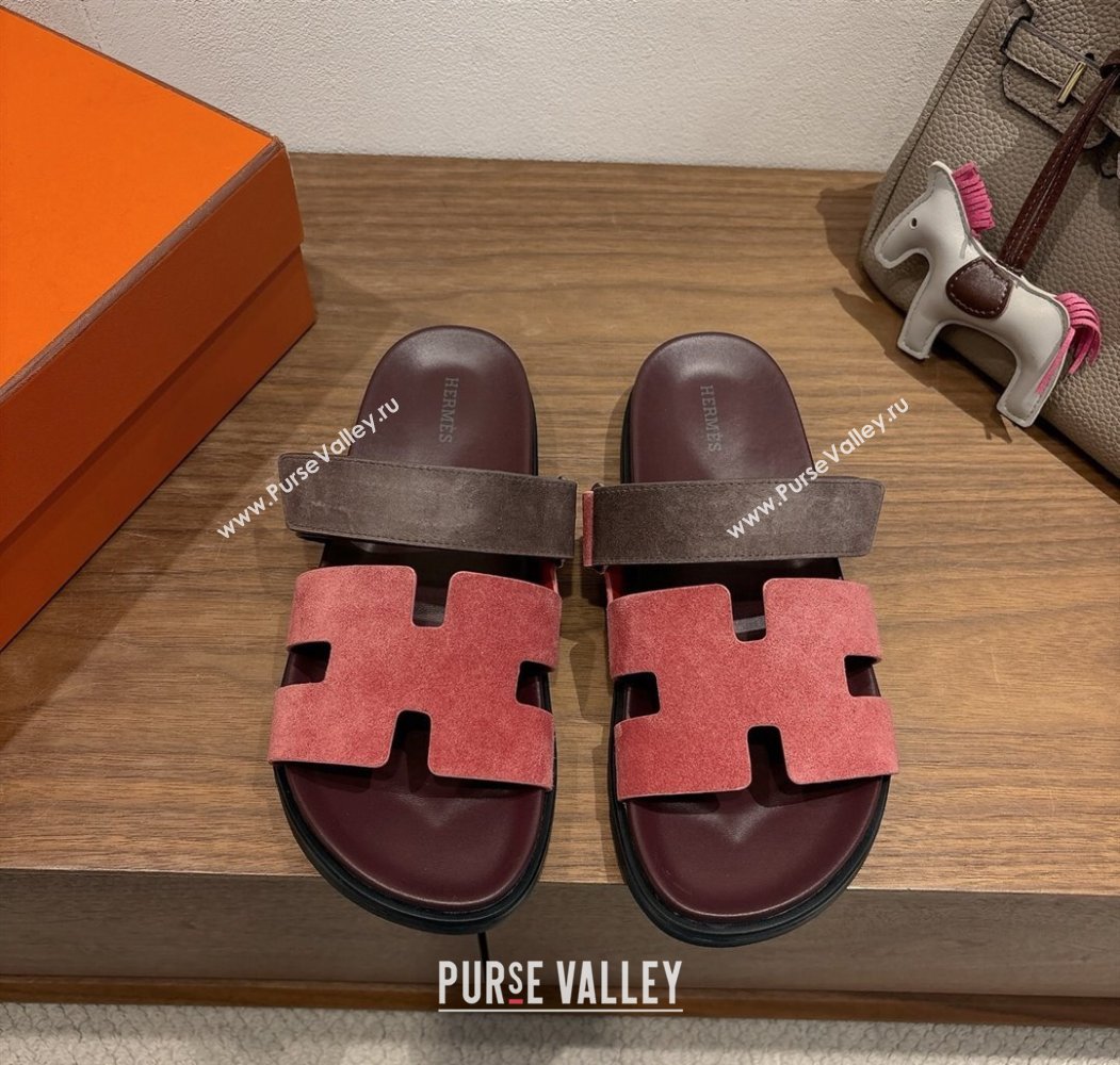 Hermes Chypre Slide Sandals in Suede Pink/Brown 2025 H082008 (XC-250820077)