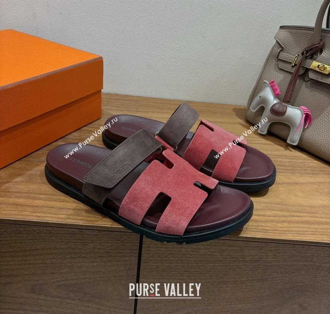 Hermes Chypre Slide Sandals in Suede Pink/Brown 2025 H082008 (XC-250820077)