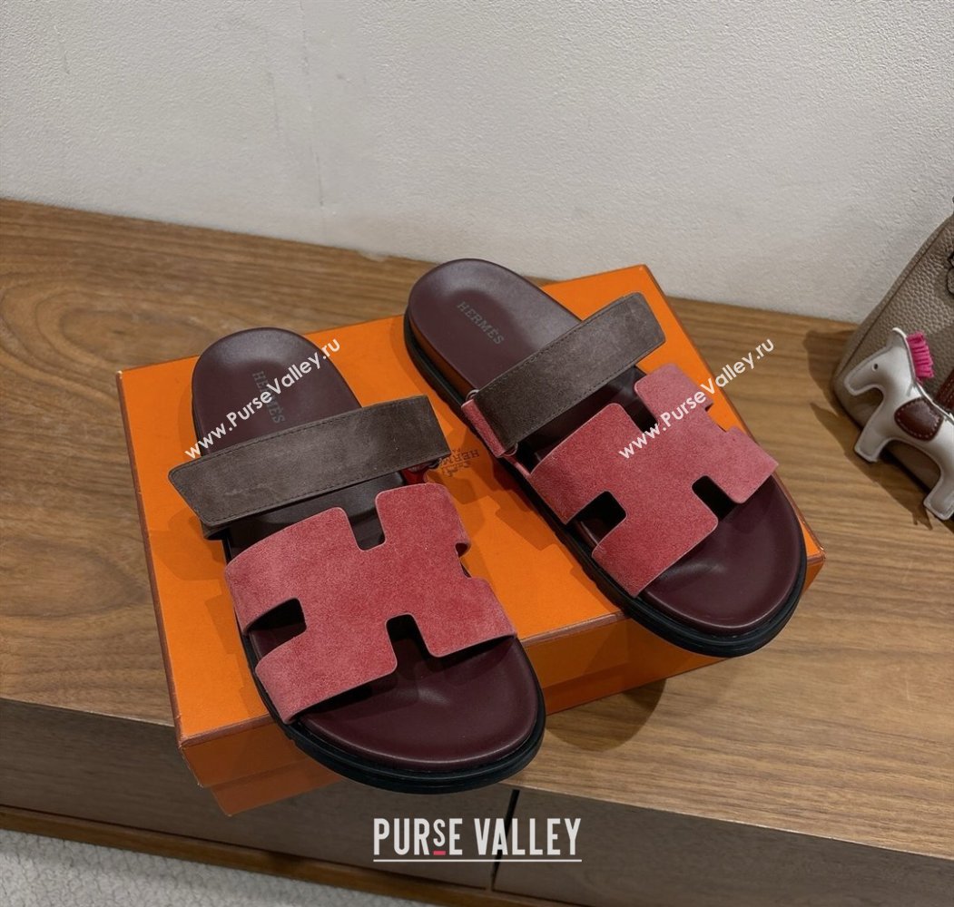 Hermes Chypre Slide Sandals in Suede Pink/Brown 2025 H082008 (XC-250820077)