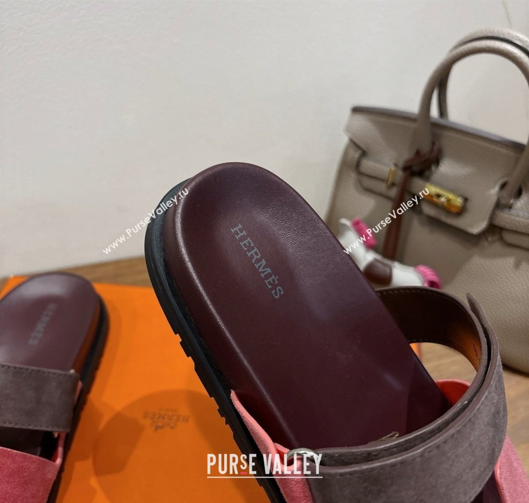 Hermes Chypre Slide Sandals in Suede Pink/Brown 2025 H082008 (XC-250820077)