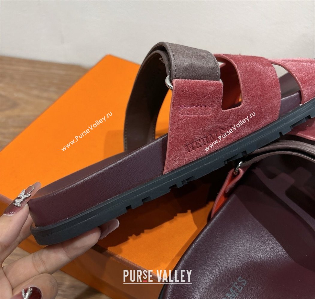 Hermes Chypre Slide Sandals in Suede Pink/Brown 2025 H082008 (XC-250820077)