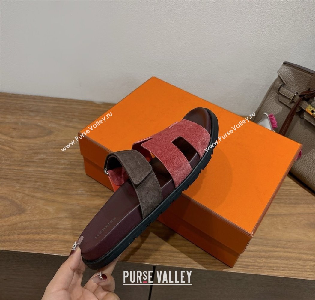 Hermes Chypre Slide Sandals in Suede Pink/Brown 2025 H082008 (XC-250820077)