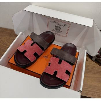 Hermes Chypre Slide Sandals in Suede Pink/Brown 2025 H082008 (XC-250820077)