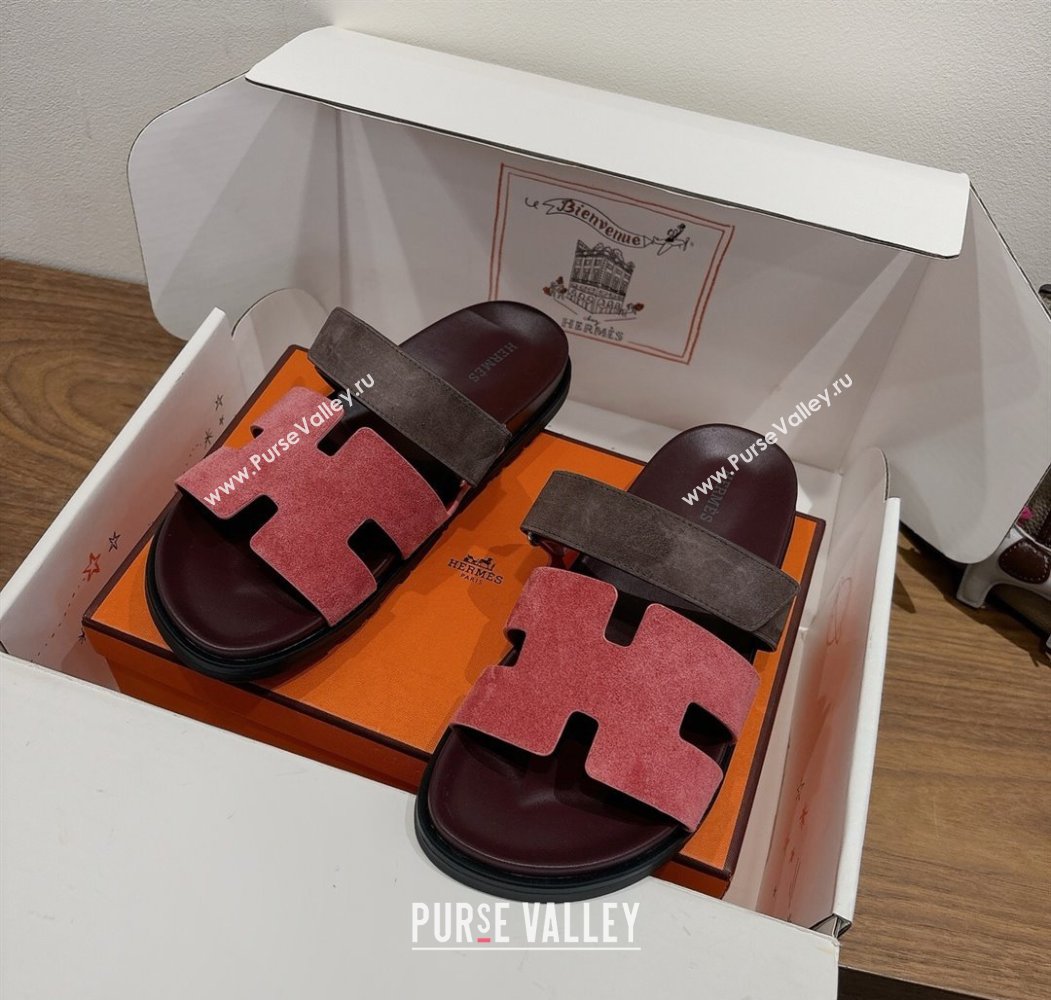 Hermes Chypre Slide Sandals in Suede Pink/Brown 2025 H082008 (XC-250820077)