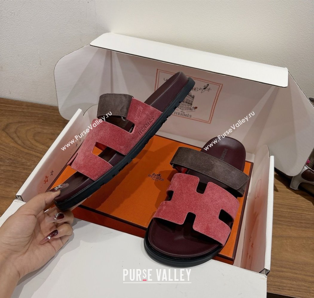 Hermes Chypre Slide Sandals in Suede Pink/Brown 2025 H082008 (XC-250820077)