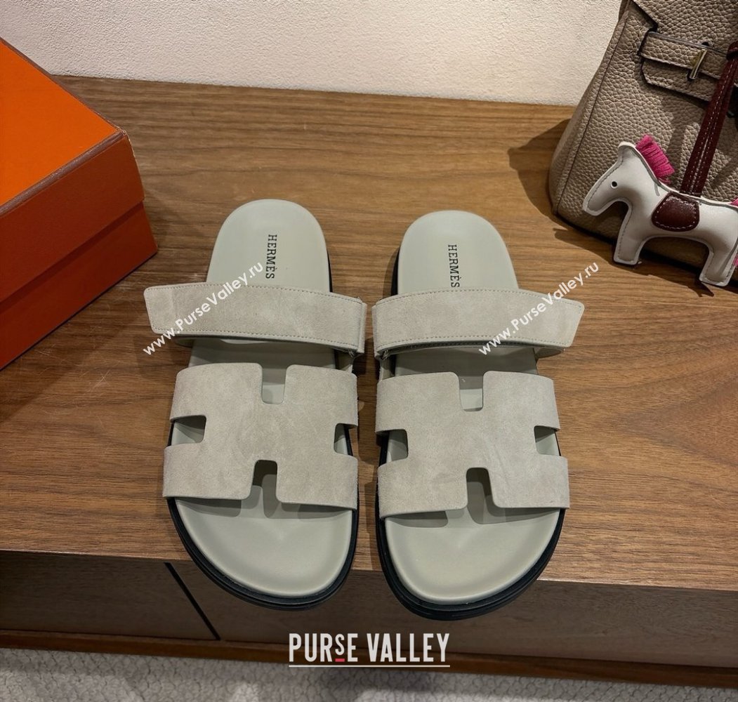 Hermes Chypre Slide Sandals in Suede Light Grey 2025 H082008 (XC-250820078)