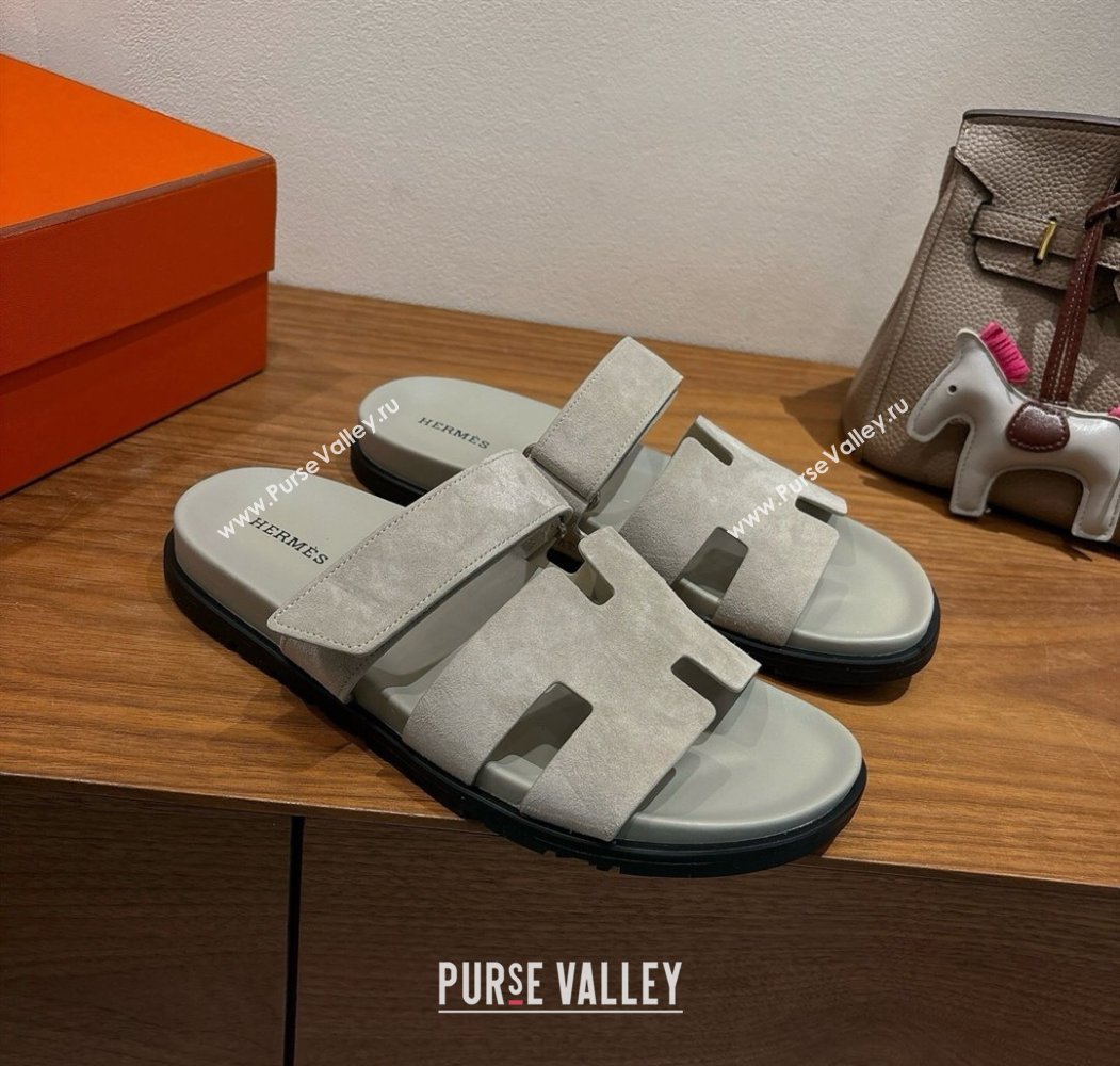 Hermes Chypre Slide Sandals in Suede Light Grey 2025 H082008 (XC-250820078)
