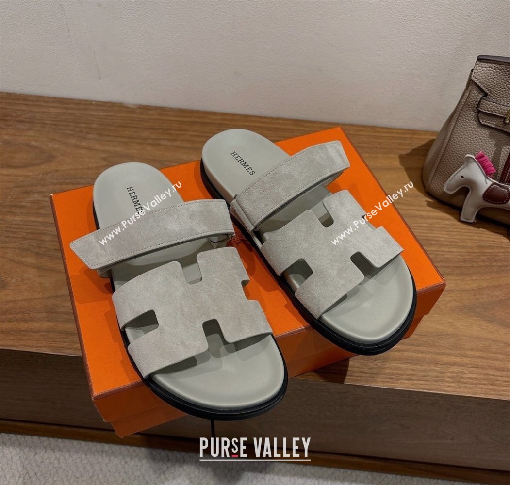 Hermes Chypre Slide Sandals in Suede Light Grey 2025 H082008 (XC-250820078)