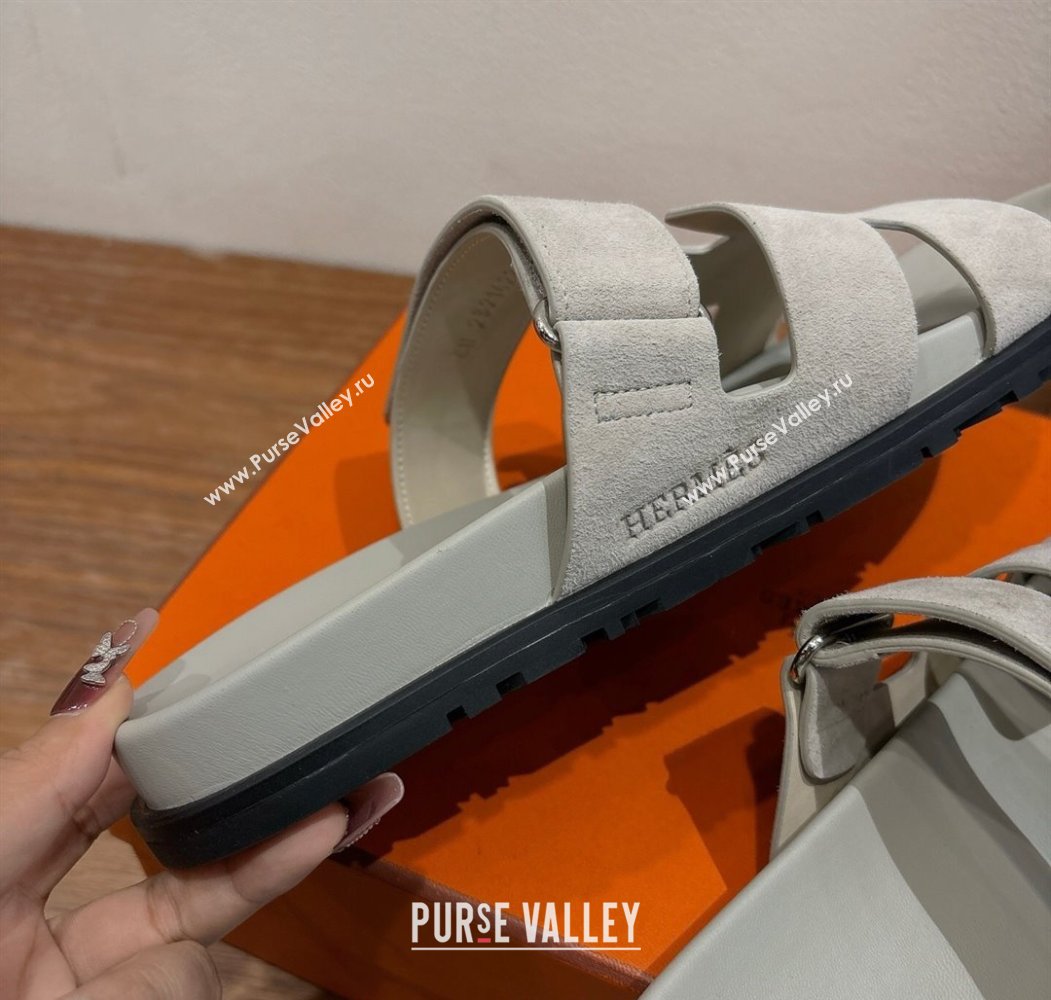 Hermes Chypre Slide Sandals in Suede Light Grey 2025 H082008 (XC-250820078)