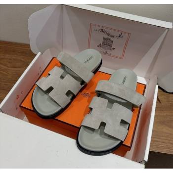 Hermes Chypre Slide Sandals in Suede Light Grey 2025 H082008 (XC-250820078)