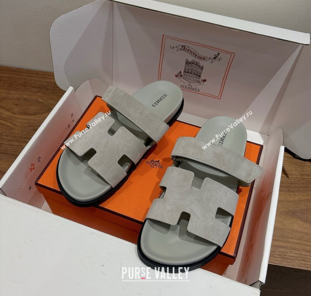 Hermes Chypre Slide Sandals in Suede Light Grey 2025 H082008 (XC-250820078)