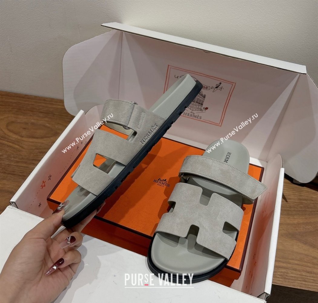 Hermes Chypre Slide Sandals in Suede Light Grey 2025 H082008 (XC-250820078)
