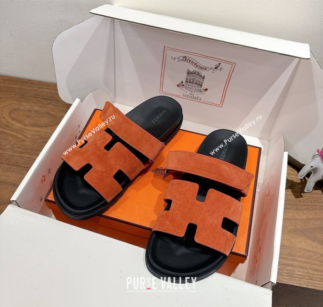 Hermes Chypre Slide Sandals in Suede Orange 2025 H082008 (XC-250820079)