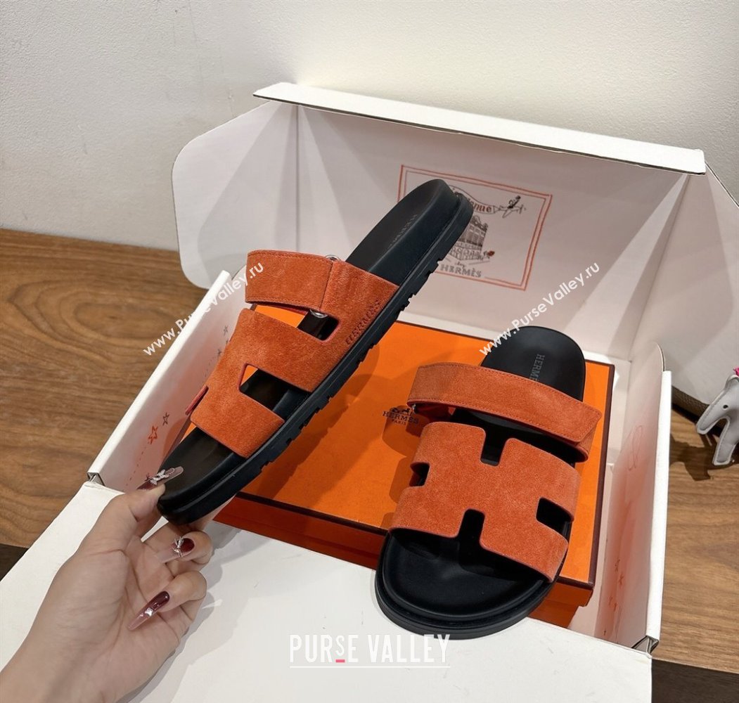 Hermes Chypre Slide Sandals in Suede Orange 2025 H082008 (XC-250820079)