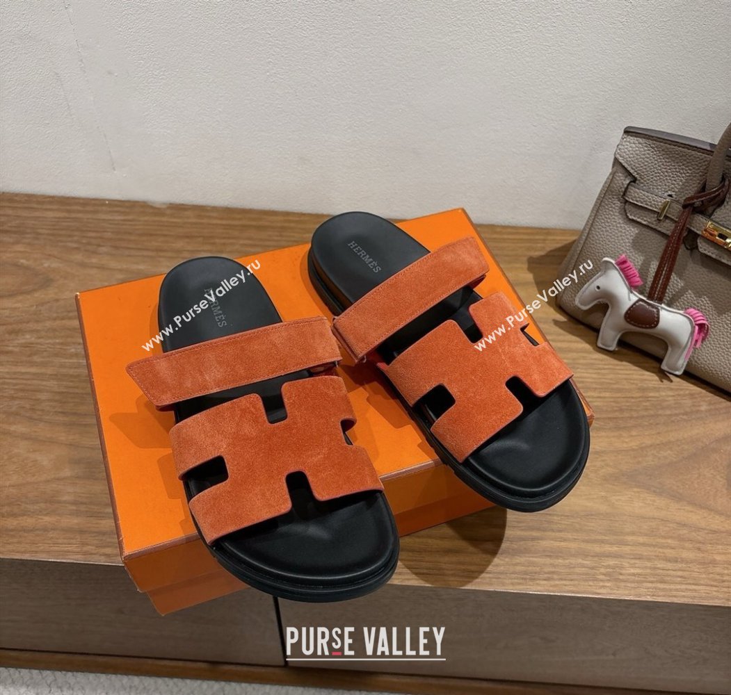 Hermes Chypre Slide Sandals in Suede Orange 2025 H082008 (XC-250820079)
