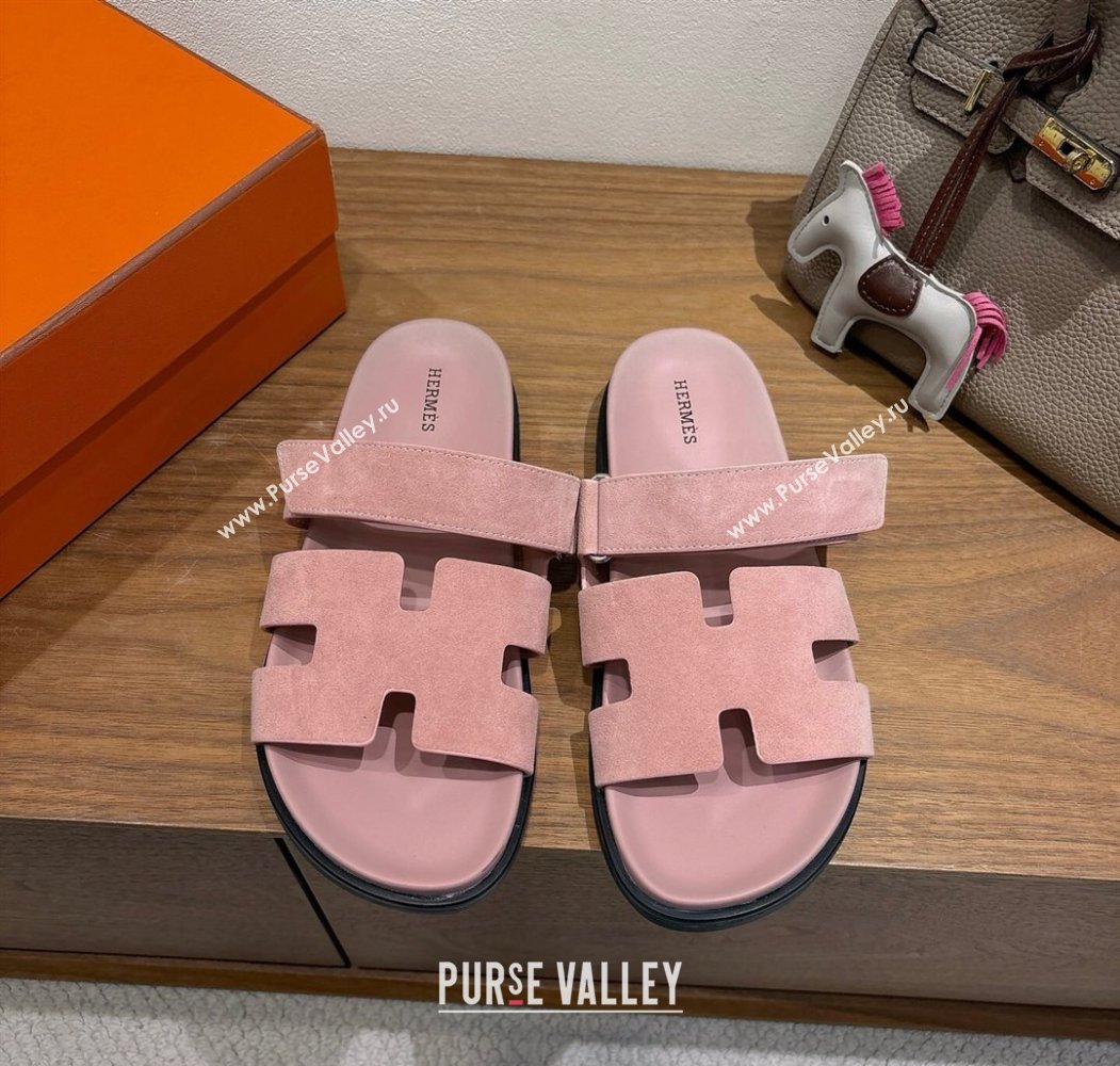 Hermes Chypre Slide Sandals in Suede Light Pink 2025 H082008 (XC-250820080)