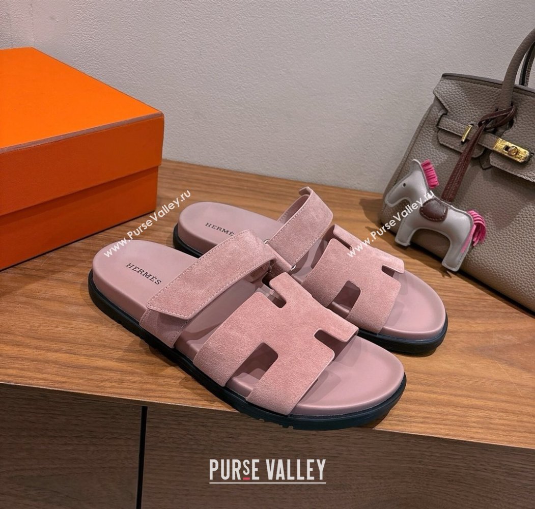 Hermes Chypre Slide Sandals in Suede Light Pink 2025 H082008 (XC-250820080)