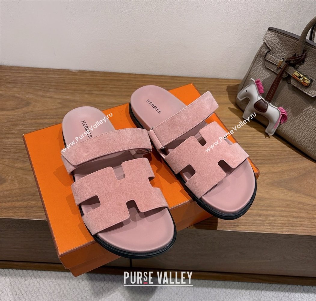 Hermes Chypre Slide Sandals in Suede Light Pink 2025 H082008 (XC-250820080)