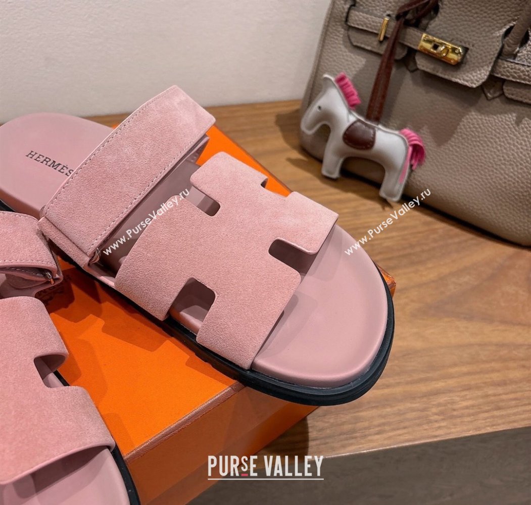 Hermes Chypre Slide Sandals in Suede Light Pink 2025 H082008 (XC-250820080)