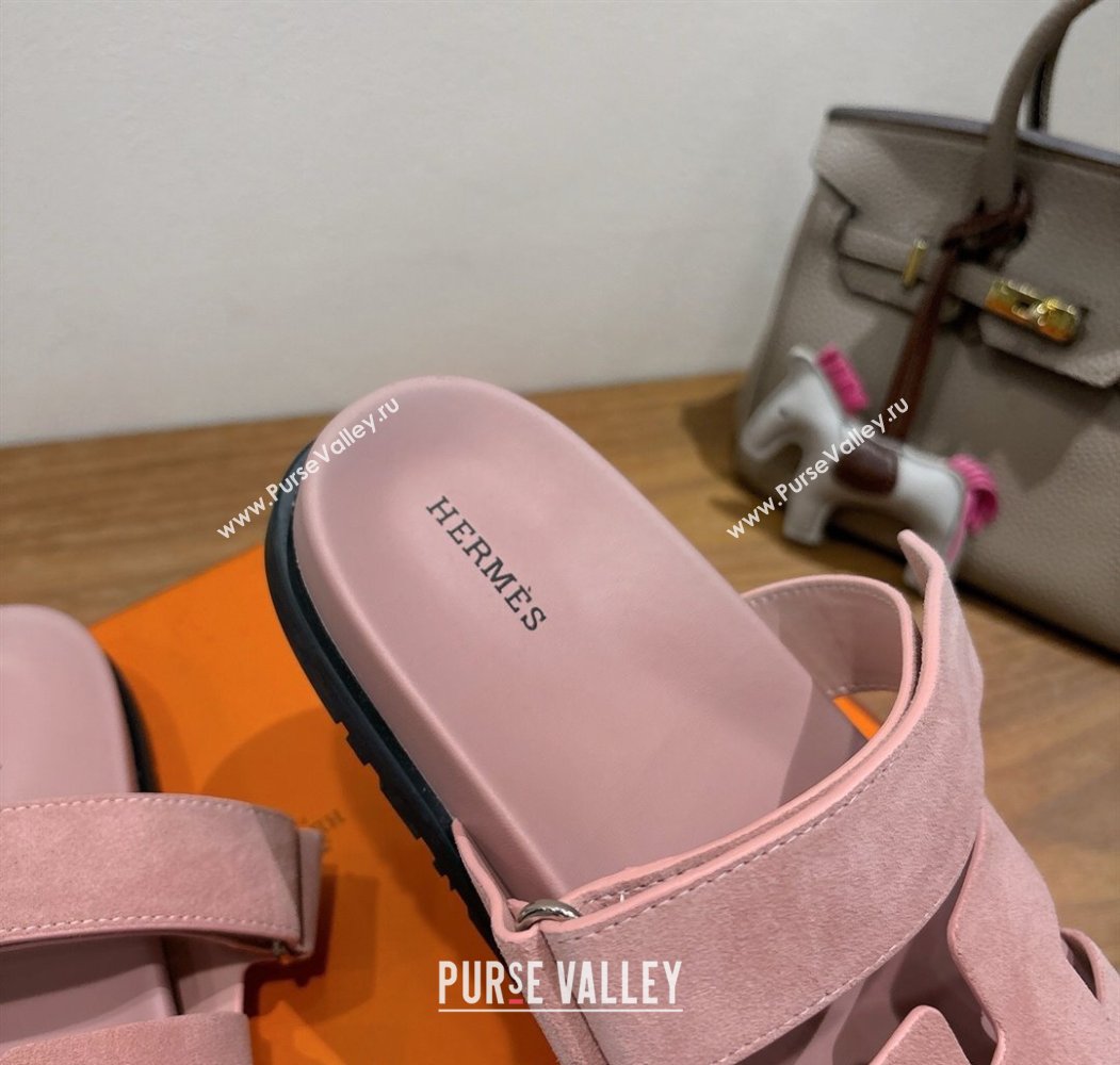 Hermes Chypre Slide Sandals in Suede Light Pink 2025 H082008 (XC-250820080)