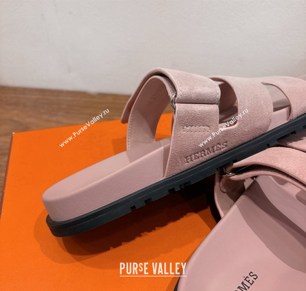 Hermes Chypre Slide Sandals in Suede Light Pink 2025 H082008 (XC-250820080)