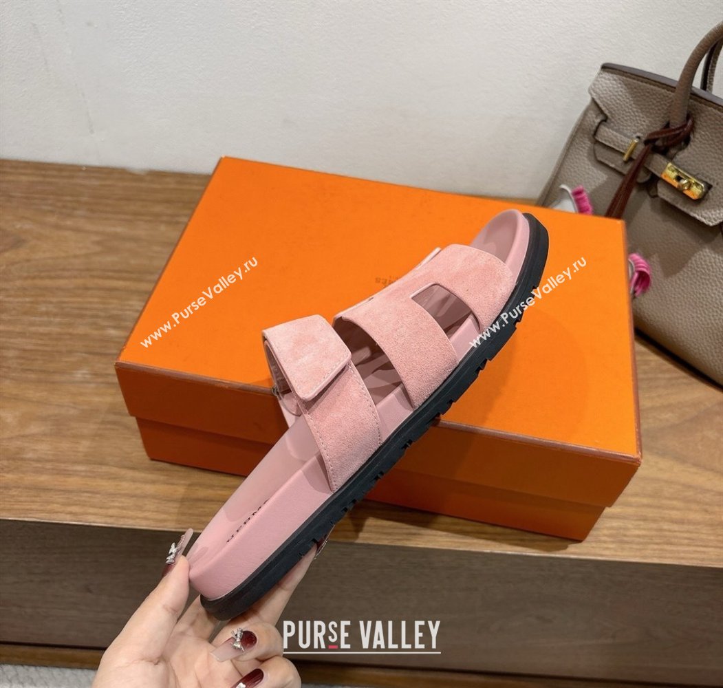 Hermes Chypre Slide Sandals in Suede Light Pink 2025 H082008 (XC-250820080)