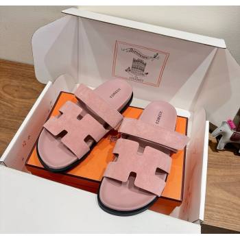 Hermes Chypre Slide Sandals in Suede Light Pink 2025 H082008 (XC-250820080)