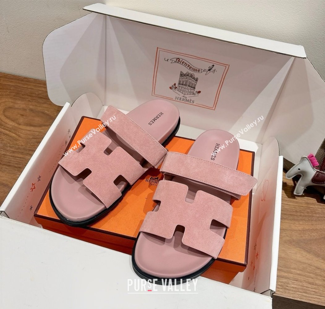 Hermes Chypre Slide Sandals in Suede Light Pink 2025 H082008 (XC-250820080)