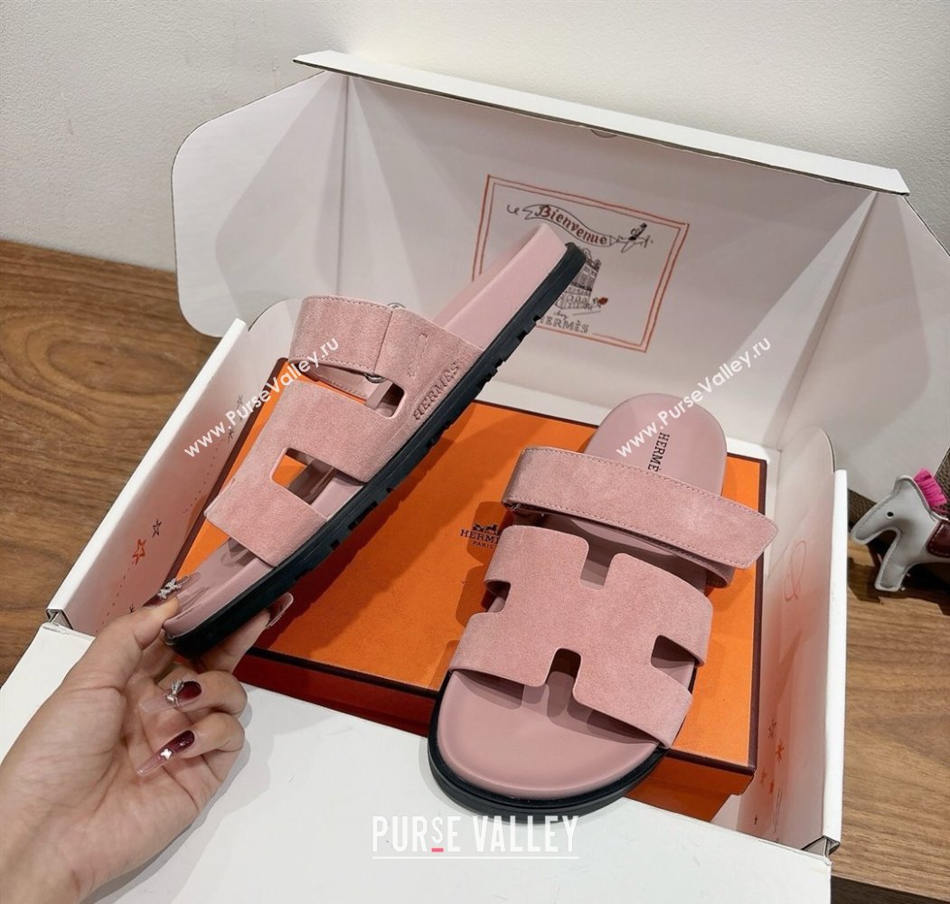 Hermes Chypre Slide Sandals in Suede Light Pink 2025 H082008 (XC-250820080)