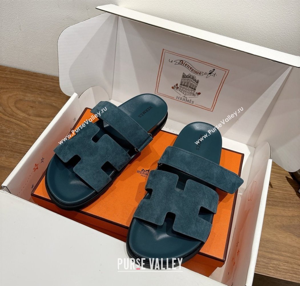 Hermes Chypre Slide Sandals in Suede Dark Blue 2025 H082008 (XC-250820081)