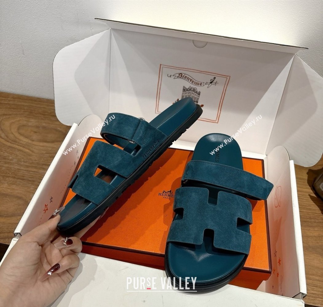 Hermes Chypre Slide Sandals in Suede Dark Blue 2025 H082008 (XC-250820081)