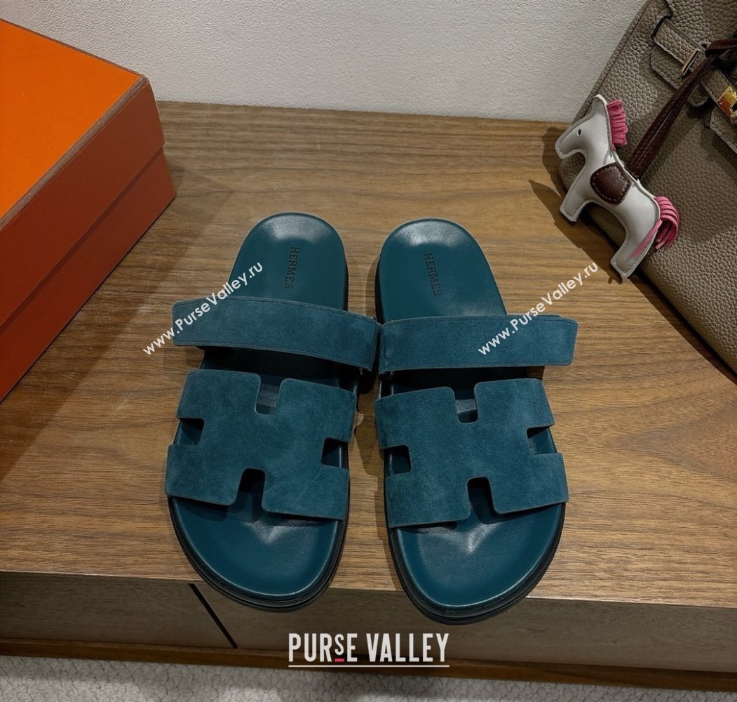 Hermes Chypre Slide Sandals in Suede Dark Blue 2025 H082008 (XC-250820081)