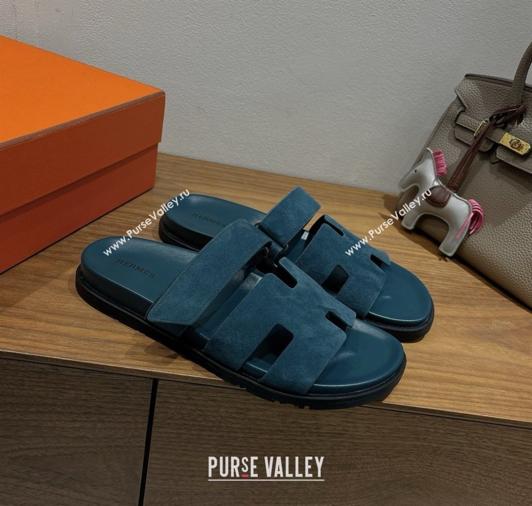 Hermes Chypre Slide Sandals in Suede Dark Blue 2025 H082008 (XC-250820081)