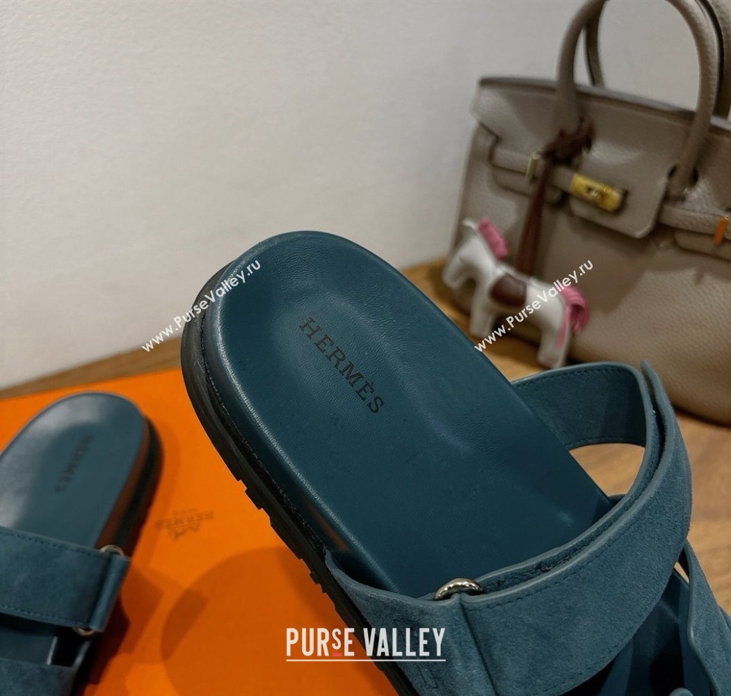 Hermes Chypre Slide Sandals in Suede Dark Blue 2025 H082008 (XC-250820081)