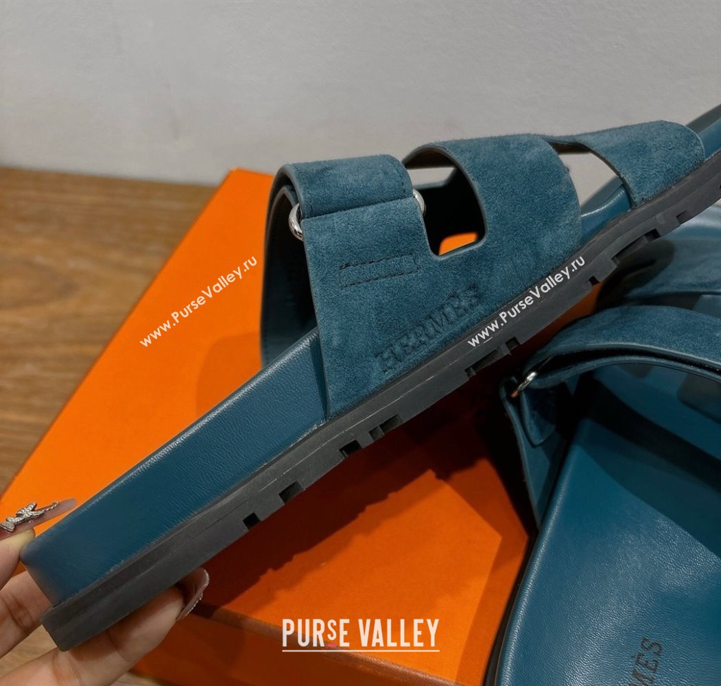 Hermes Chypre Slide Sandals in Suede Dark Blue 2025 H082008 (XC-250820081)