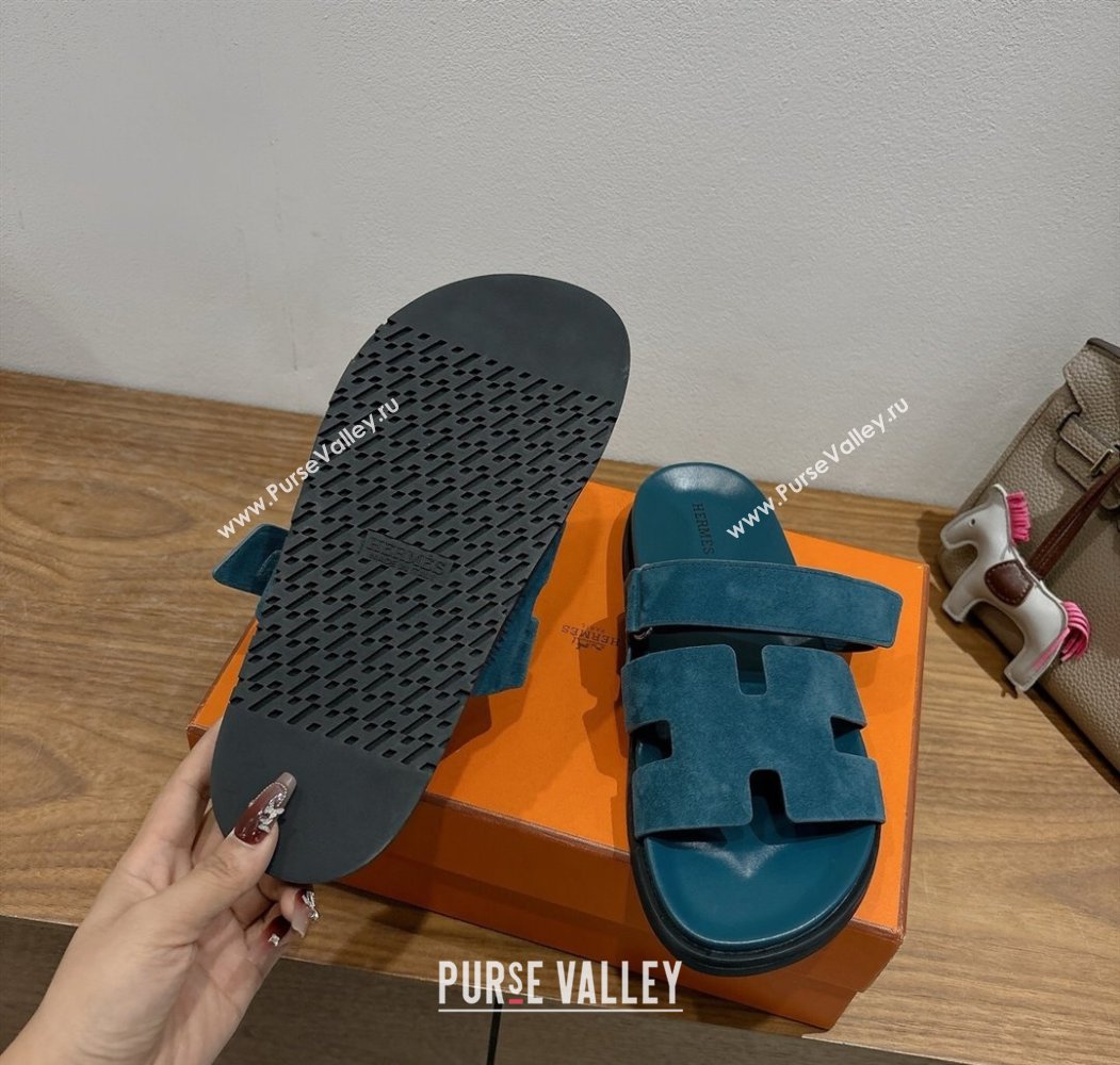 Hermes Chypre Slide Sandals in Suede Dark Blue 2025 H082008 (XC-250820081)