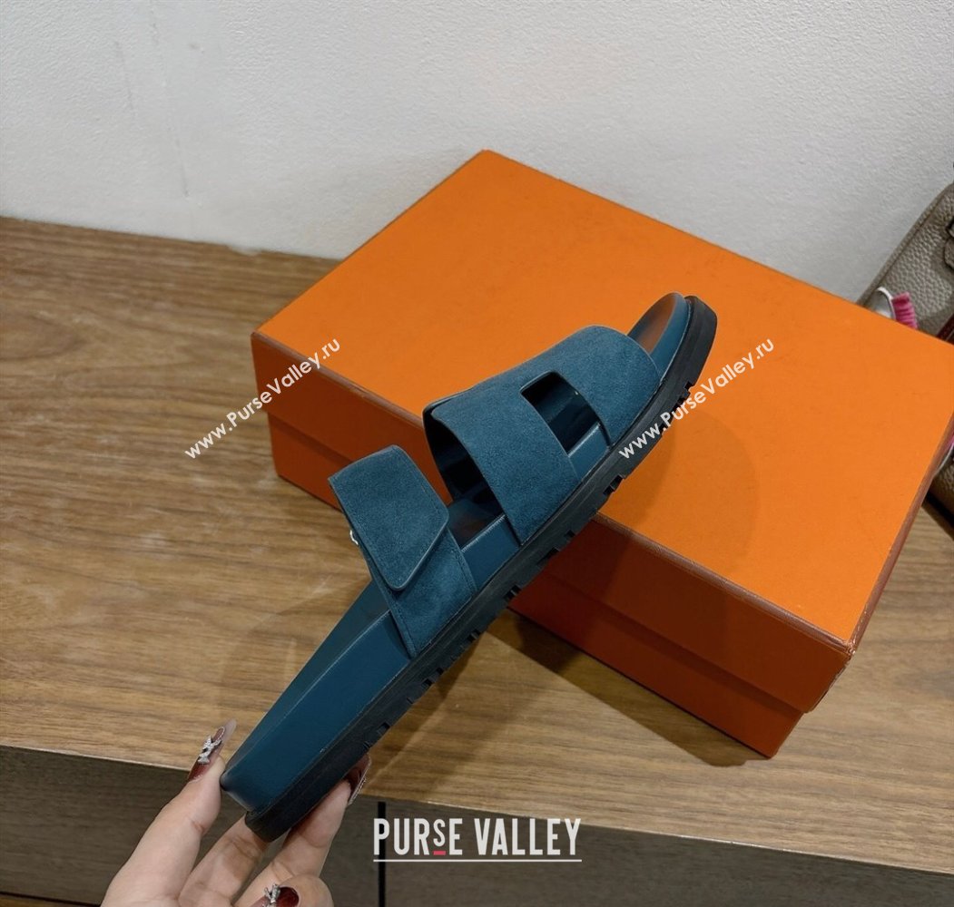 Hermes Chypre Slide Sandals in Suede Dark Blue 2025 H082008 (XC-250820081)