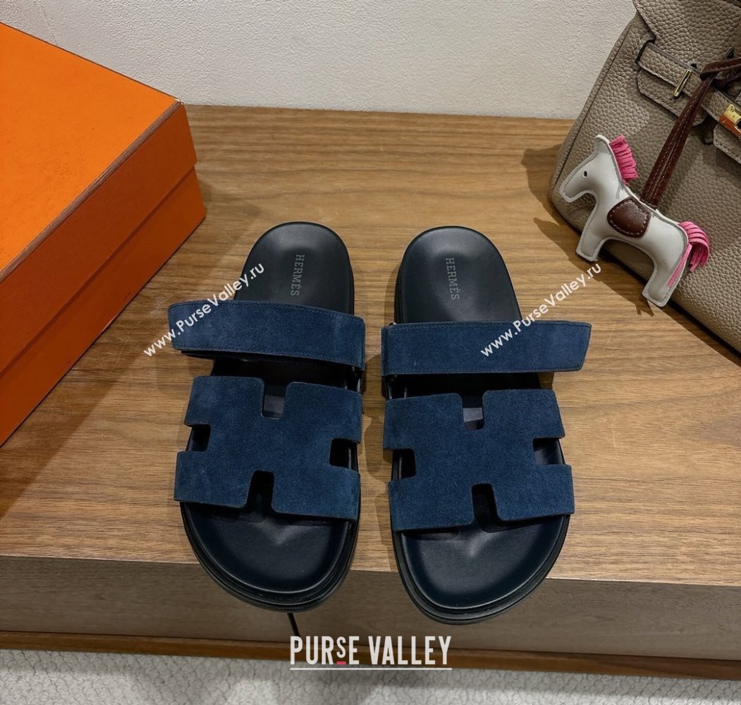 Hermes Chypre Slide Sandals in Suede Deep Blue 2025 H082008 (XC-250820082)