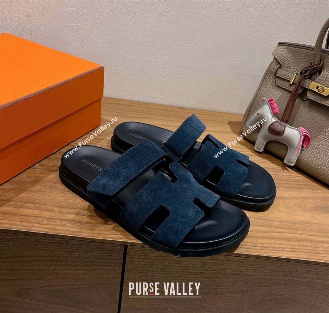 Hermes Chypre Slide Sandals in Suede Deep Blue 2025 H082008 (XC-250820082)