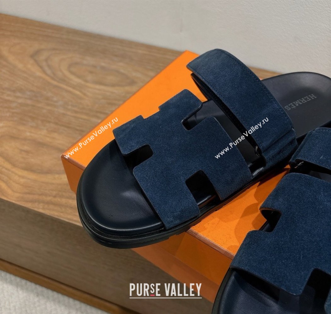 Hermes Chypre Slide Sandals in Suede Deep Blue 2025 H082008 (XC-250820082)