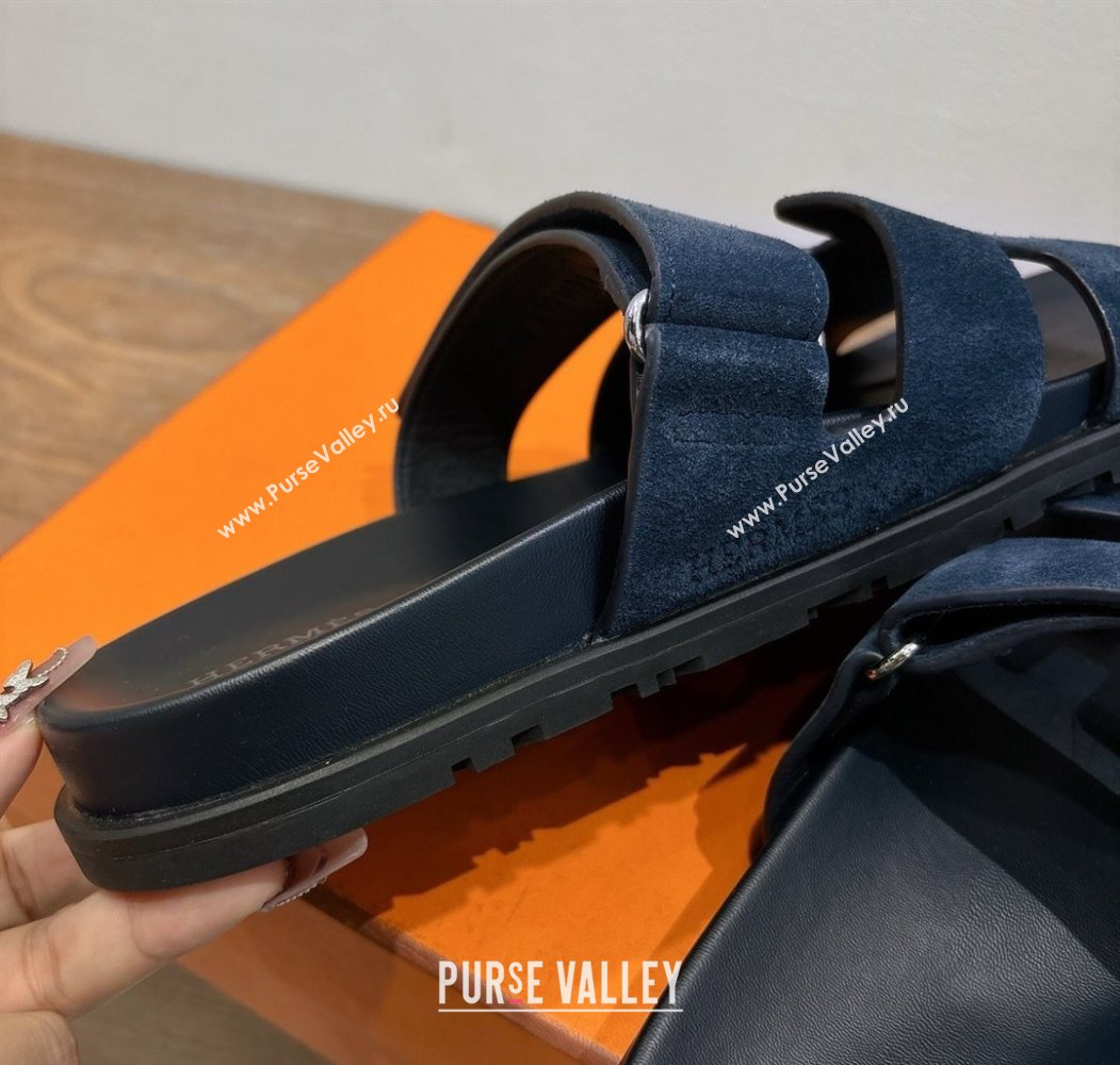 Hermes Chypre Slide Sandals in Suede Deep Blue 2025 H082008 (XC-250820082)