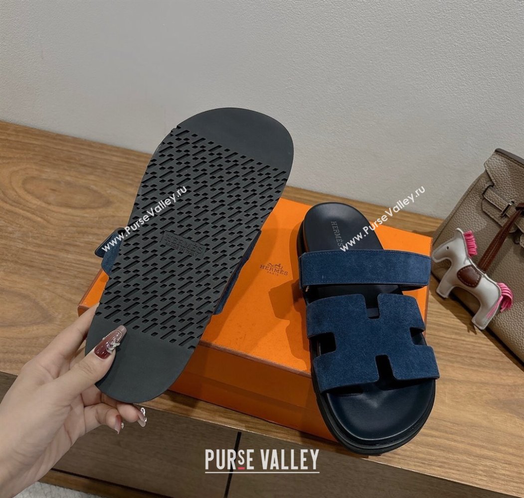 Hermes Chypre Slide Sandals in Suede Deep Blue 2025 H082008 (XC-250820082)