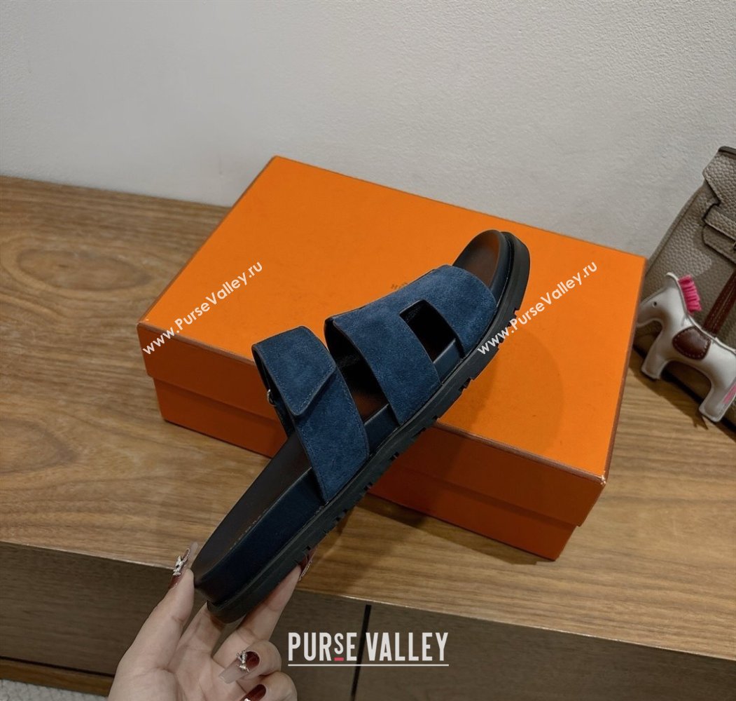 Hermes Chypre Slide Sandals in Suede Deep Blue 2025 H082008 (XC-250820082)