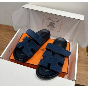 Hermes Chypre Slide Sandals in Suede Deep Blue 2025 H082008 (XC-250820082)