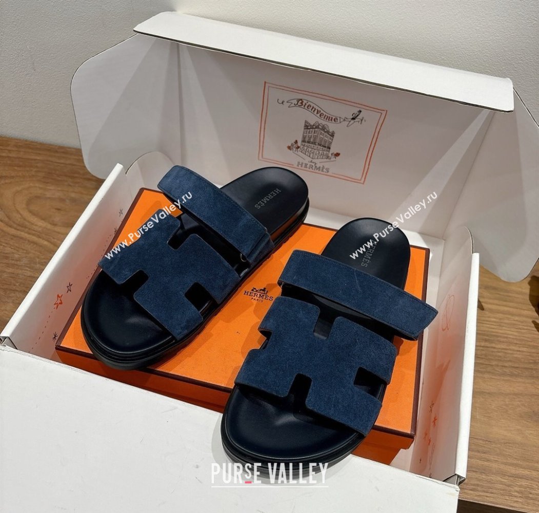 Hermes Chypre Slide Sandals in Suede Deep Blue 2025 H082008 (XC-250820082)
